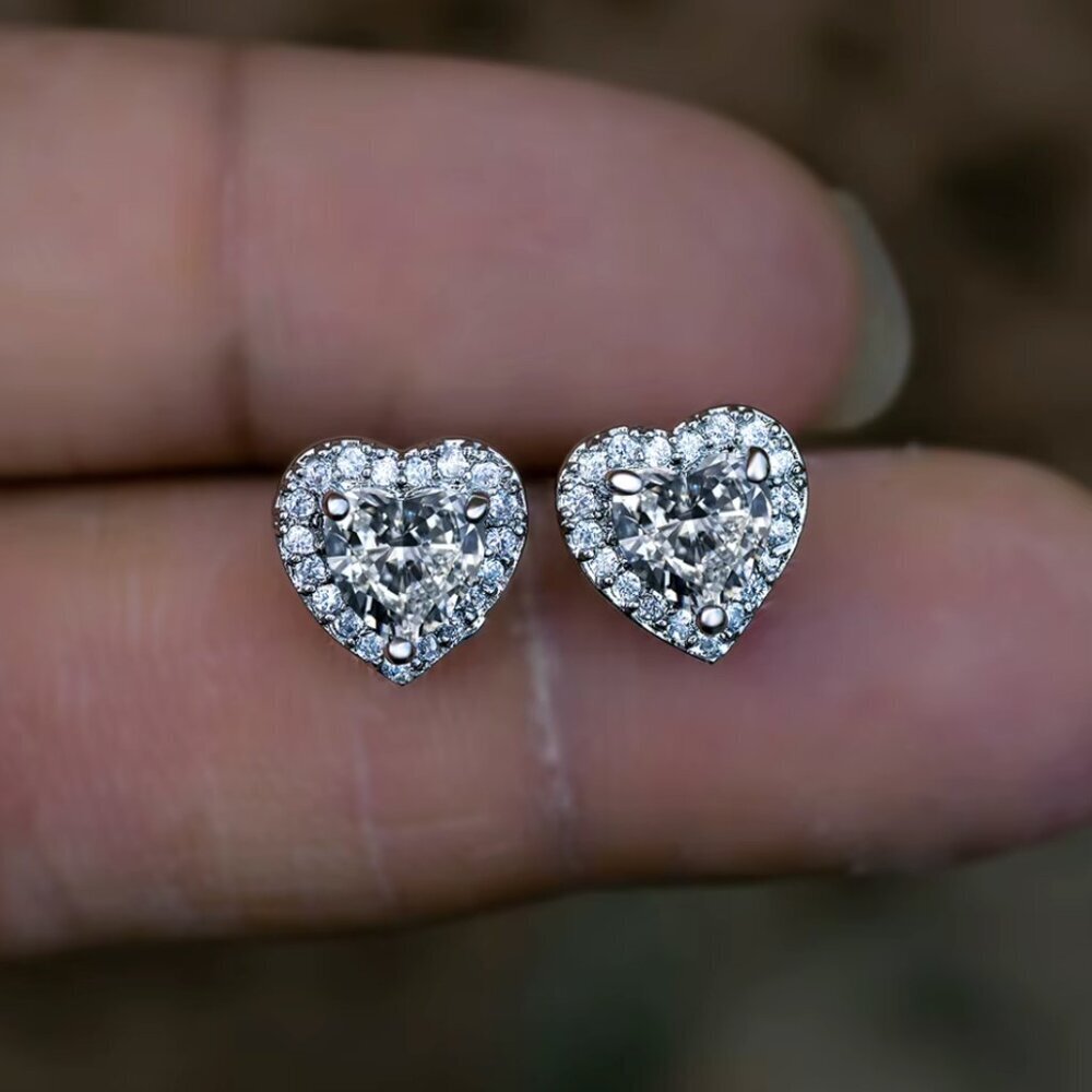 NEW 14k White Gold Blue Sapphire Diamond Earrings Heart Stud Earrings